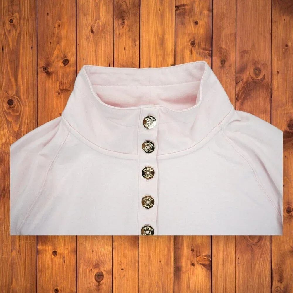 Lilly Pultizer Pink Long Sleeve Golden Logo Button Mock Turtle Neck Sweatshirt S